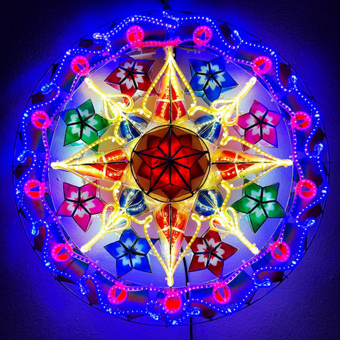 Philippines Christmas Capiz Parol Lantern Star (Tala) - Red / Blue / White LED Show - Size 24