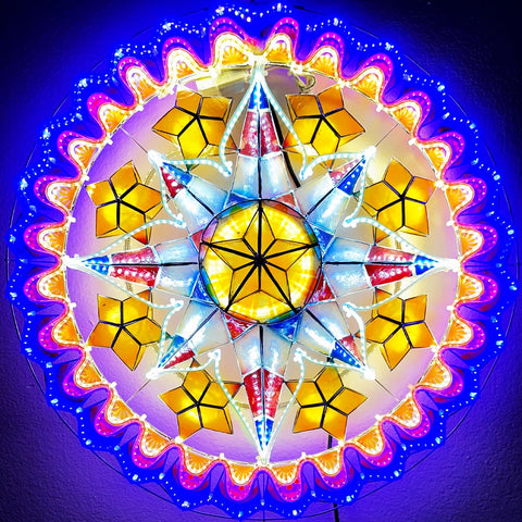 Philippines Christmas Capiz Parol Lantern Star PH Color Design N (Tala) - Yellow / Red / White / Blue LED Show - Size 24