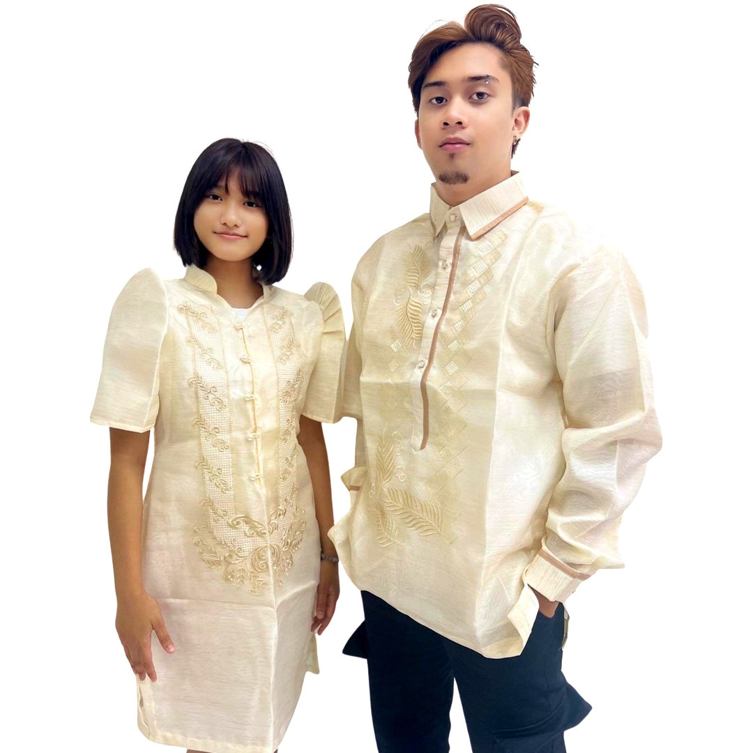 Baro t Saya Filipiniana Tagalog Special Double Lining with Piping Brown Bayong Leaves Design