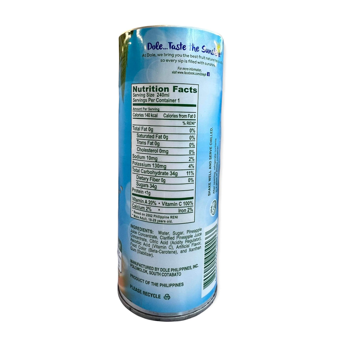 Dole 100% Pineapple Juice Unsweetened in can 240ml – Sukli