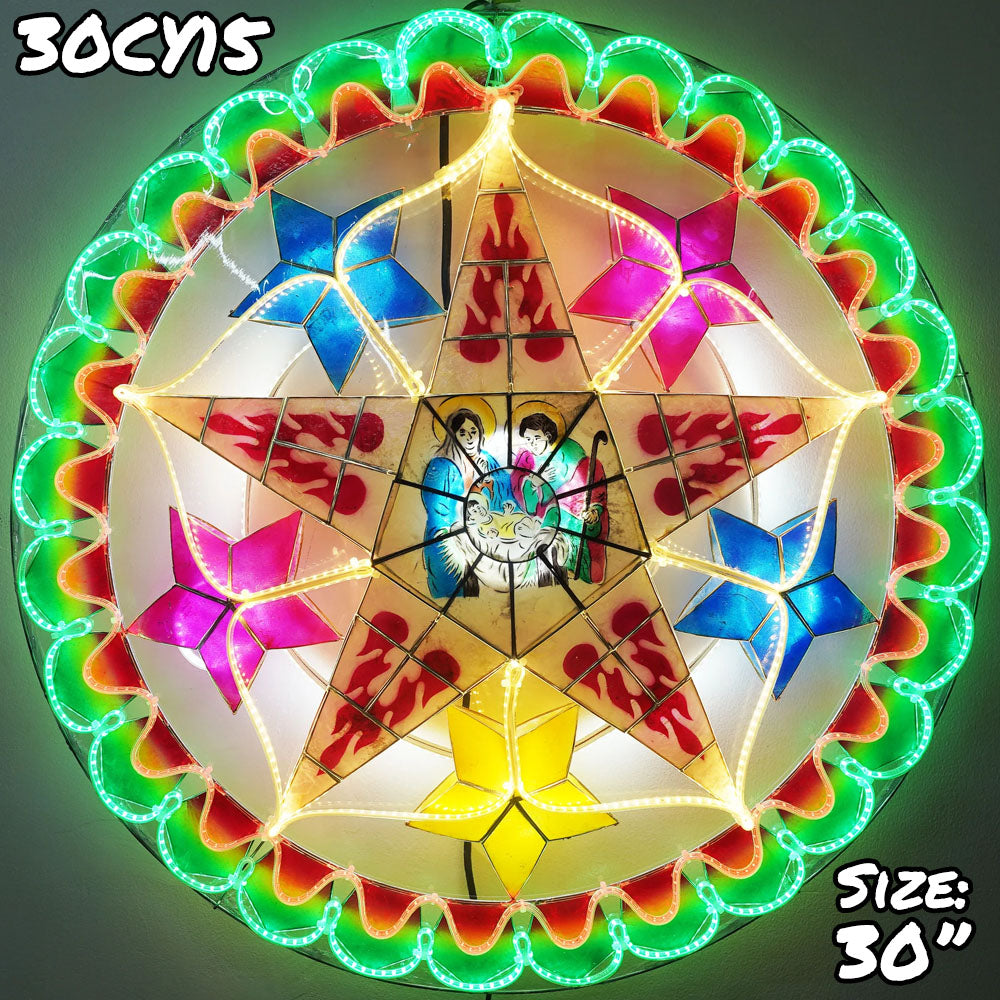 Philippines Christmas Capiz Parol Lantern Star (Tala) Nativity Scene - Green / Red / White LED Show - Size 30" / 4 KG / 110 V (30CY15)