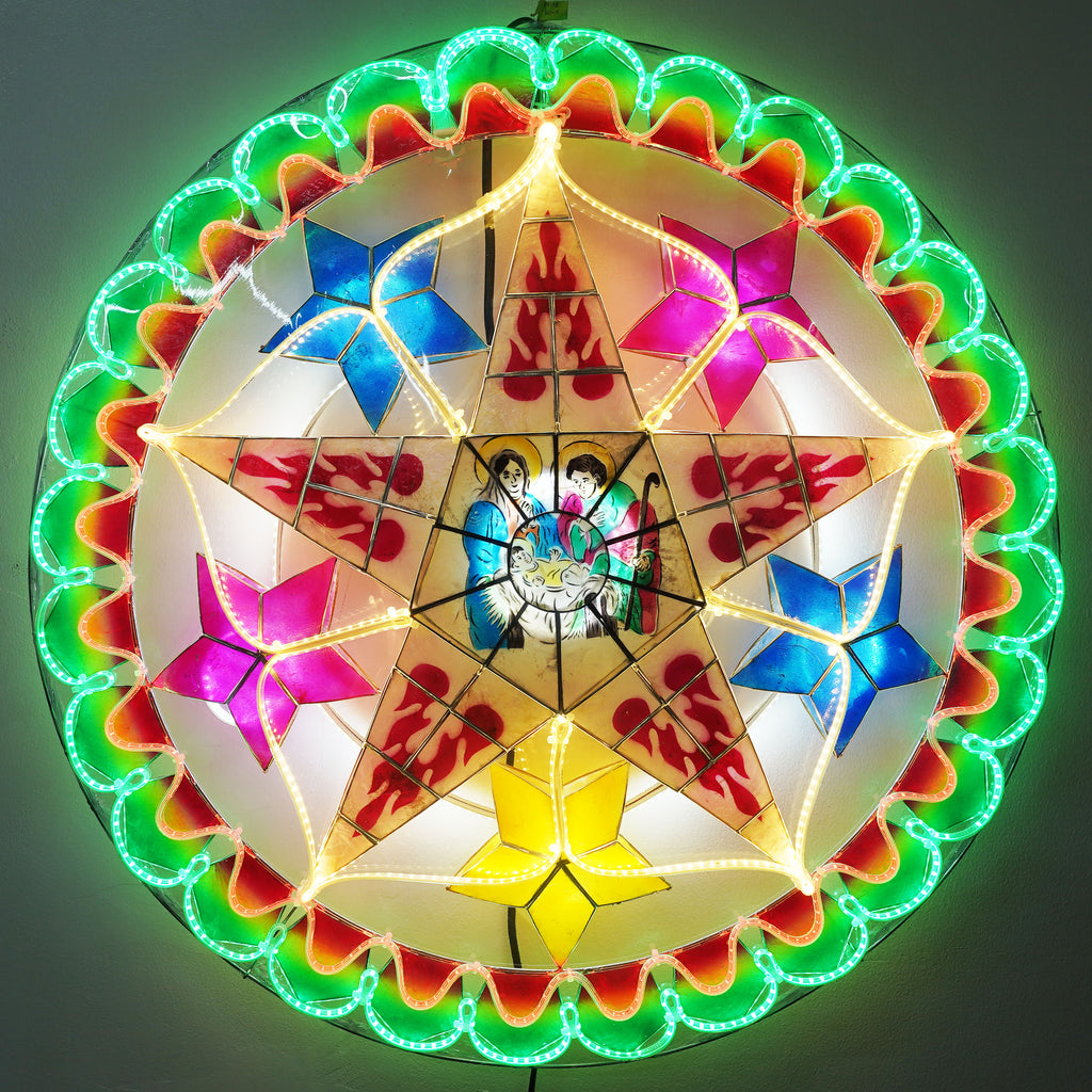 Philippines Christmas Capiz Parol Lantern Star (Tala) Nativity Scene - Green / Red / White LED Show - Size 30" / 4 KG / 110 V (30CY15)