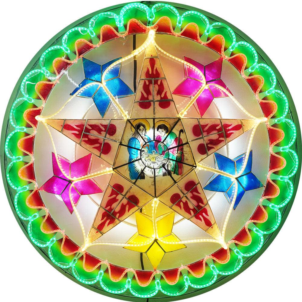 Philippines Christmas Capiz Parol Lantern Star (Tala) Nativity Scene - Green / Red / White LED Show - Size 30" / 4 KG / 110 V (30CY15)