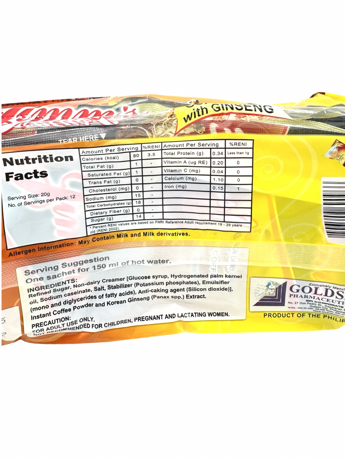 Jimm's - 3 plus 1 Coffee Mix with Ginseng - 12 Sachets - 240 G
