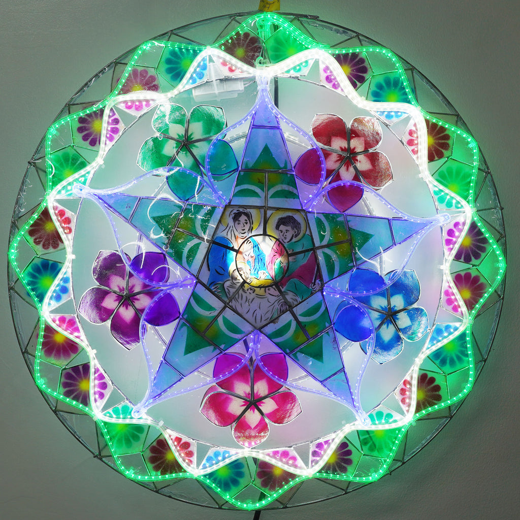 Philippines Christmas Capiz Parol Lantern Star (Tala) Nativity Scene - Green/ Blue/ White- Size 24" / 2 KG / 110 V (ACNative7)