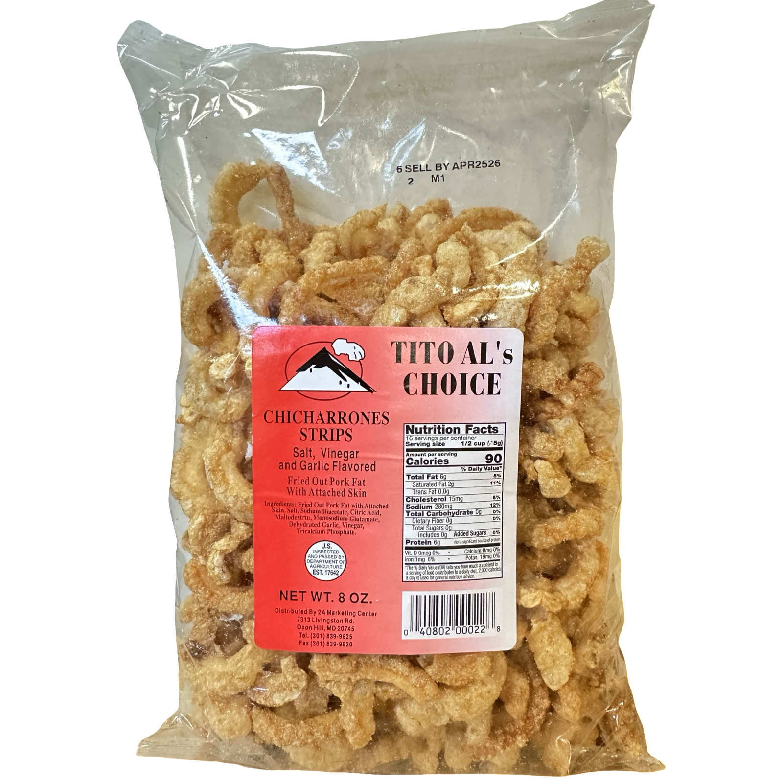 TITO AL'S Choice - Pork Crackling Chicharrones Strips - Salt, Vinegar and Garlic  - 8 OZ