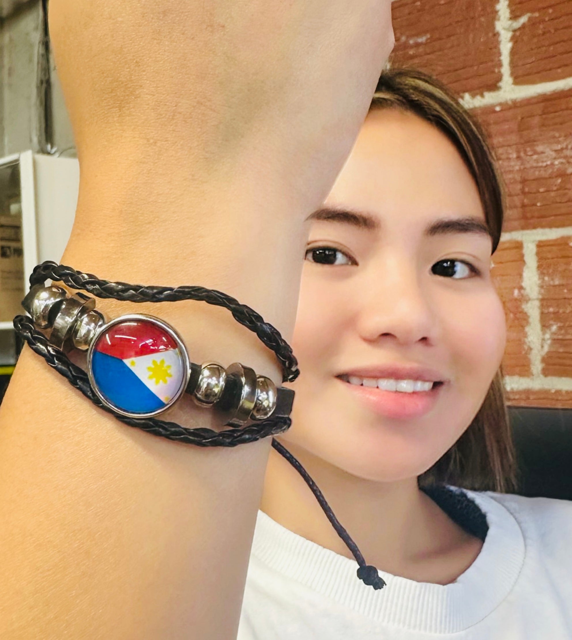 Philippine Flag Snap Button Elastic Jewelry Unisex Mens Black Leather Bracelet - 380 G