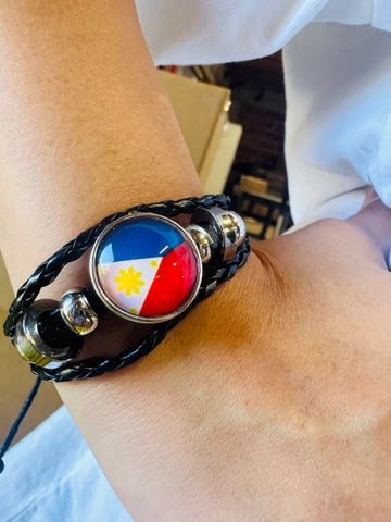 Philippine Flag Snap Button Elastic Jewelry Unisex Mens Black Leather Bracelet - 380 G