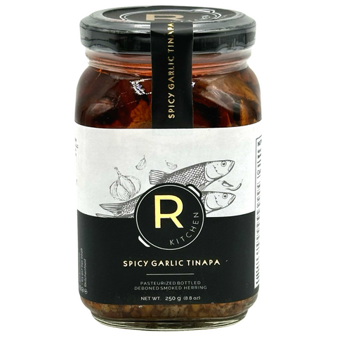 R Kitchen - Spicy Garlic Tinapa - Gourmet Pasteurized Bottled Deboned Dried Herring - 250 G