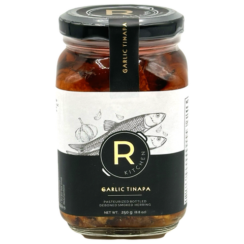 R Kitchen - Garlic Tinapa - Gourmet Pasteurized Bottled Deboned Dried Herring - 250 G