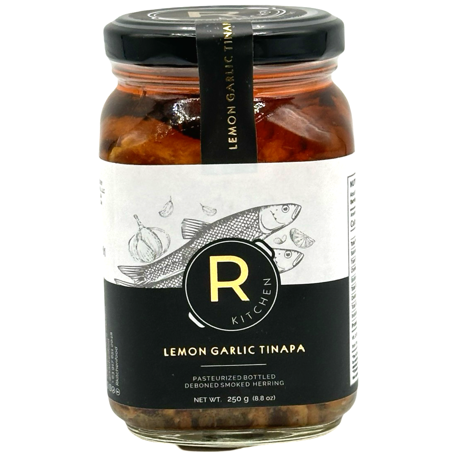 R Kitchen - Lemon Garlic Tinapa - Gourmet Pasteurized Bottled Deboned Dried Herring - 250 G