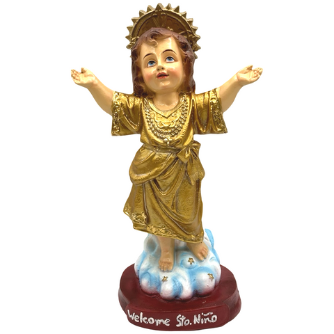 Welcome Sto. Niño Religious Statue Figurine - Philippine Handicrafts - GOLD - 12 inches x 7.5 inches