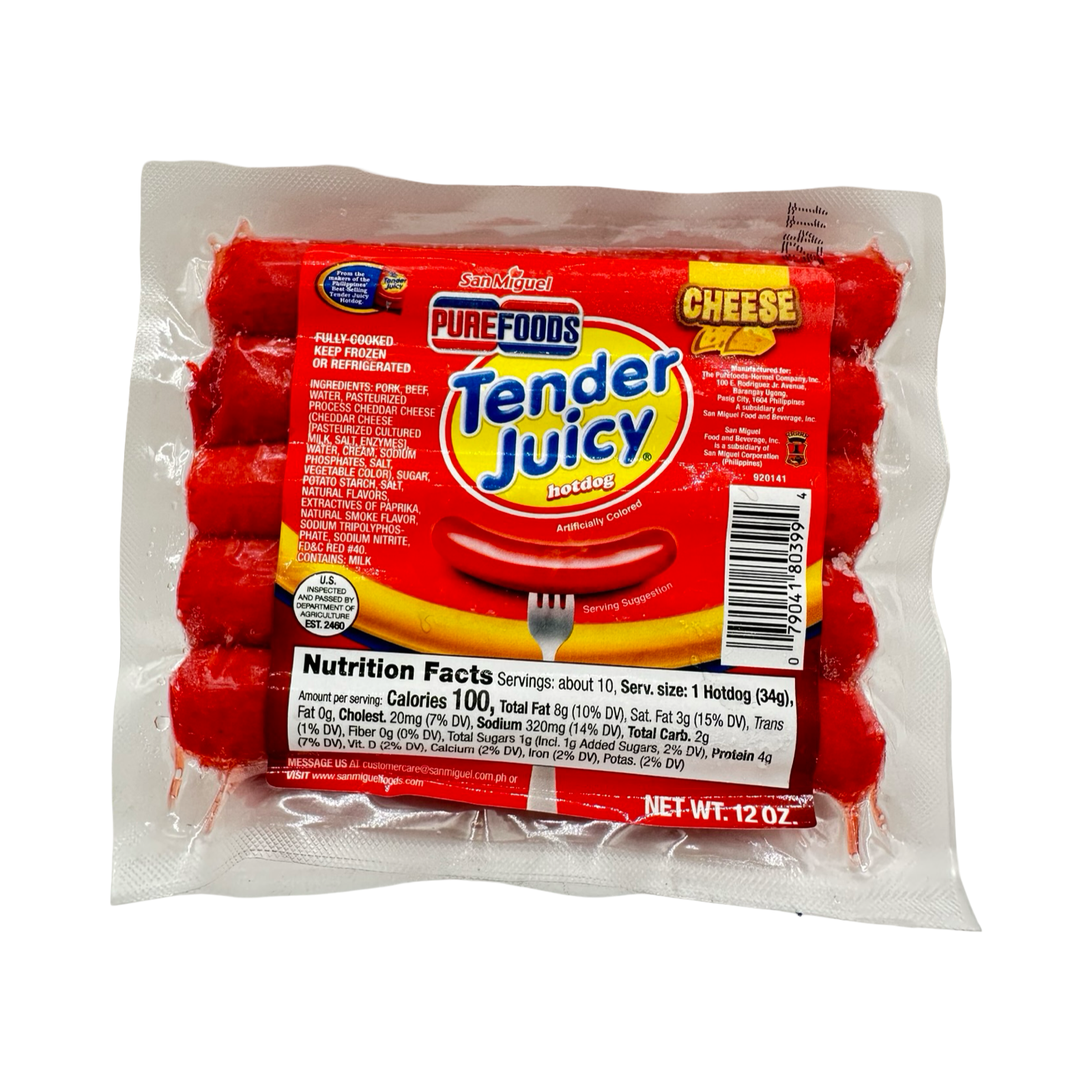 San Miguel Purefoods - Tender Juicy Hotdog with Cheese - Regular - 10 Pieces - 12 OZ