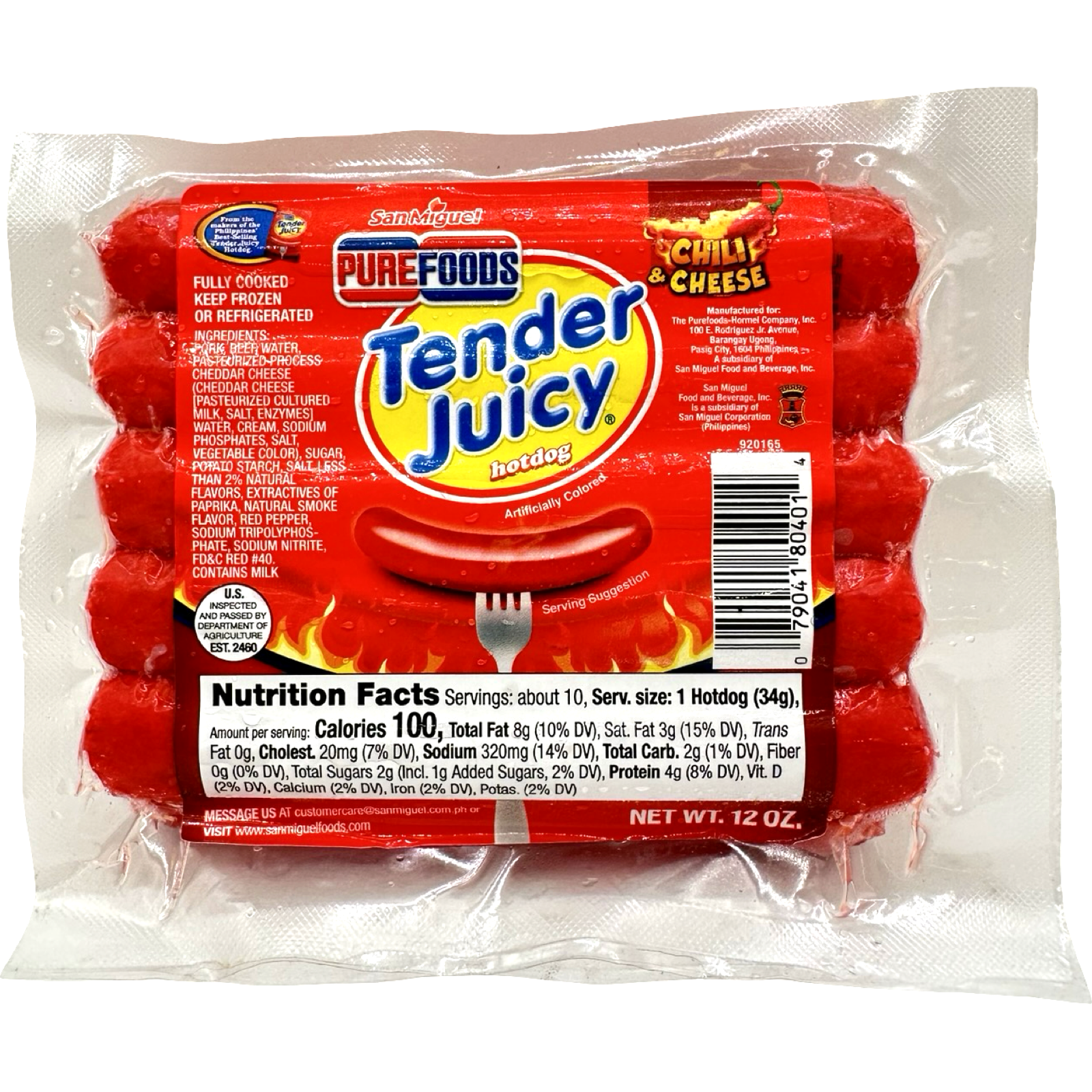 San Miguel Purefoods - Tender Juicy Hotdog Chili 🌶️  with Cheese - Regular - 10 Pieces - 12 OZ