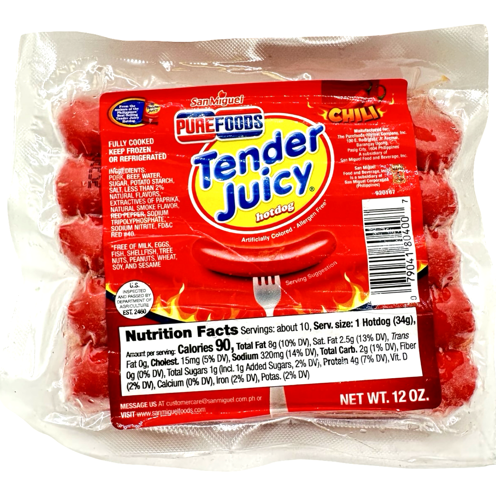 San Miguel Purefoods - Tender Juicy Hotdog Chili 🌶️ - 10 Pieces - 12 OZ