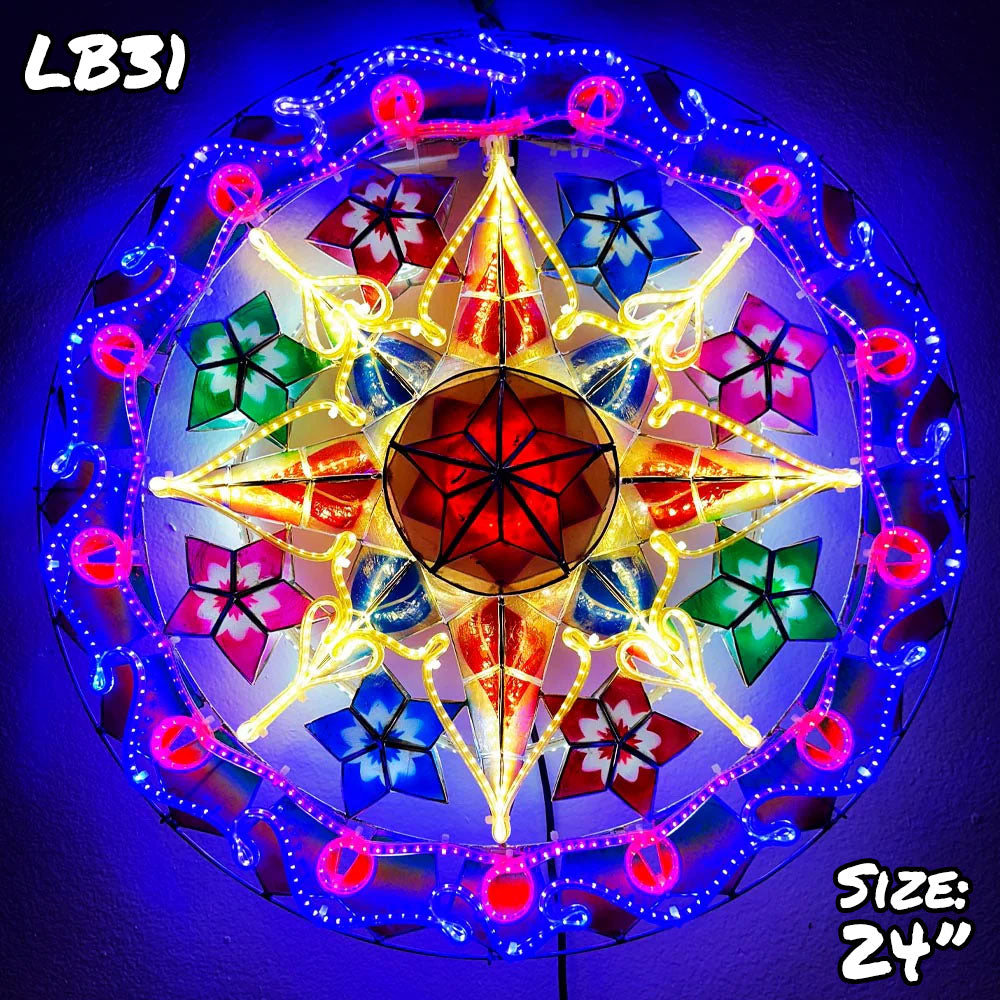 Philippines Christmas Capiz Parol Lantern Star (Tala) - Red / Blue / White LED Show - Size 24" / 2 KG / 110 V (LB31)