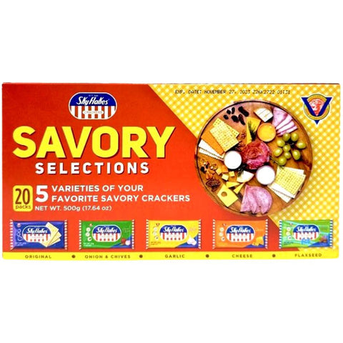 M.Y. San - Skyflakes - Savory Selection - 5 Varieties - Original, Onion & Chives, Garlic, Cheese, Flaxseed - 20 Pack - 500 G