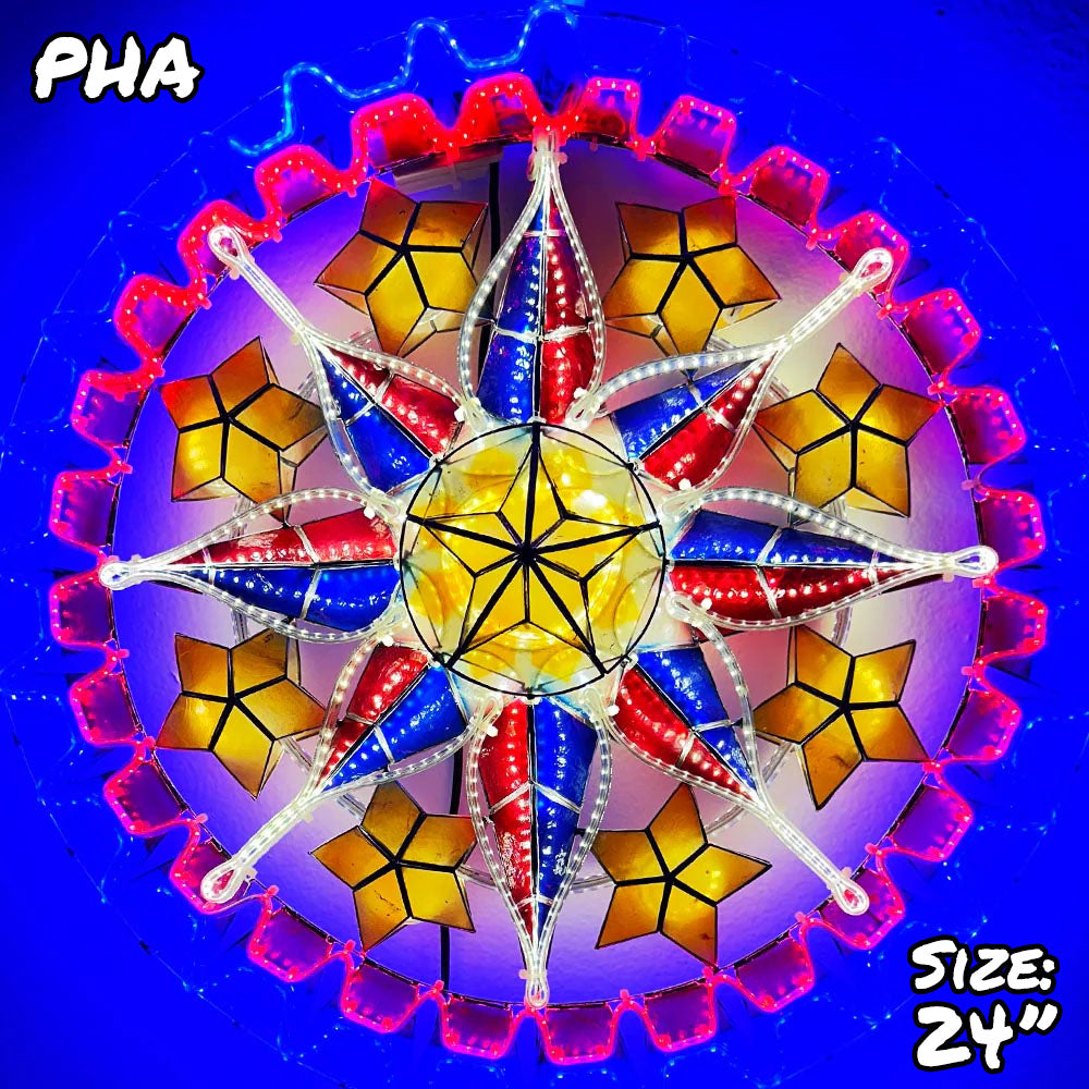 Philippines Christmas Capiz Parol Lantern Star PH Color Design A (Tala) - Yellow / Red / White / Blue LED Show - Size 24" / 2 KG / 110 V (PHA)