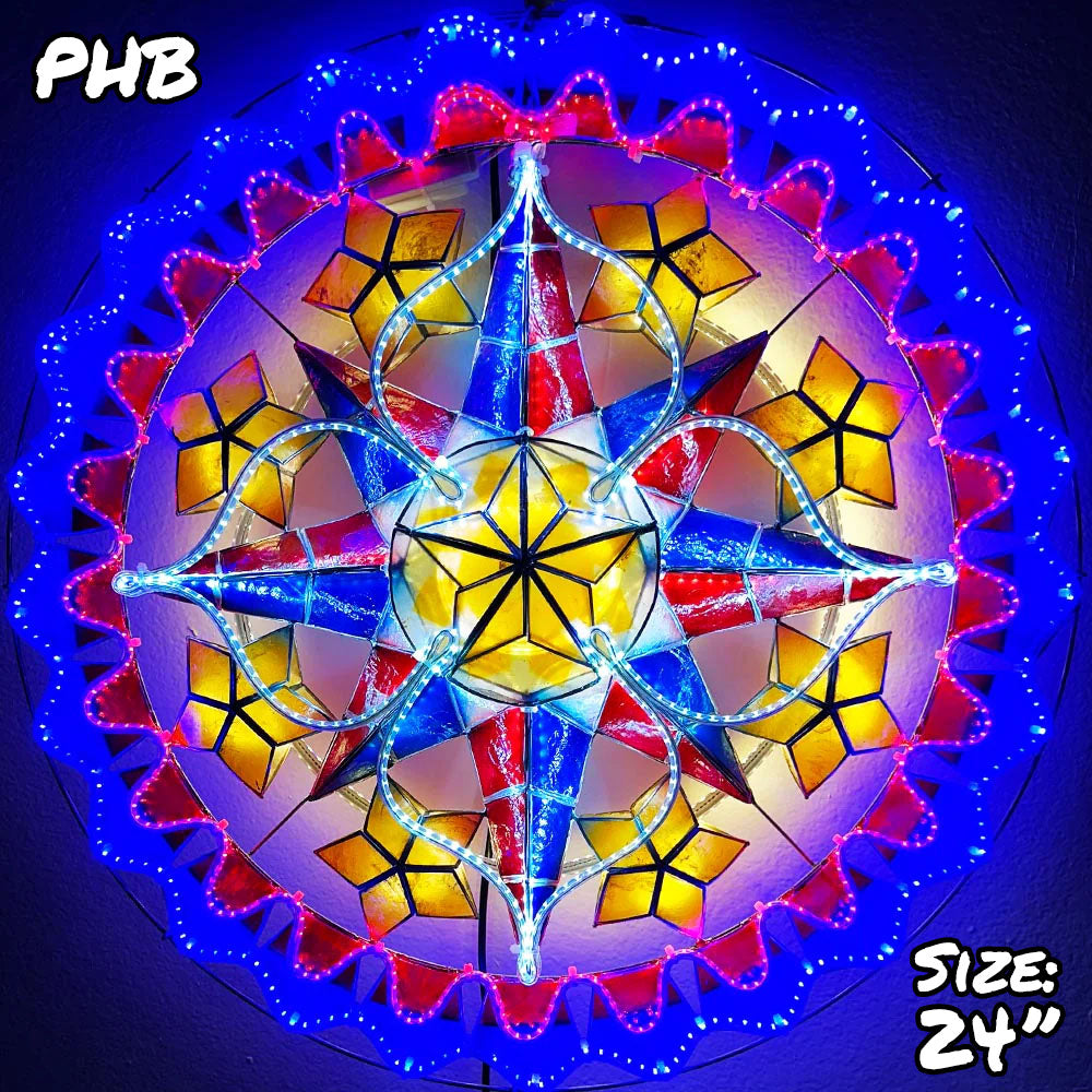 Philippines Christmas Capiz Parol Lantern Star PH Color Design B (Tala) - Yellow / Red / White / Blue LED Show - Size 24" / 2 KG / 110 V (PHB)