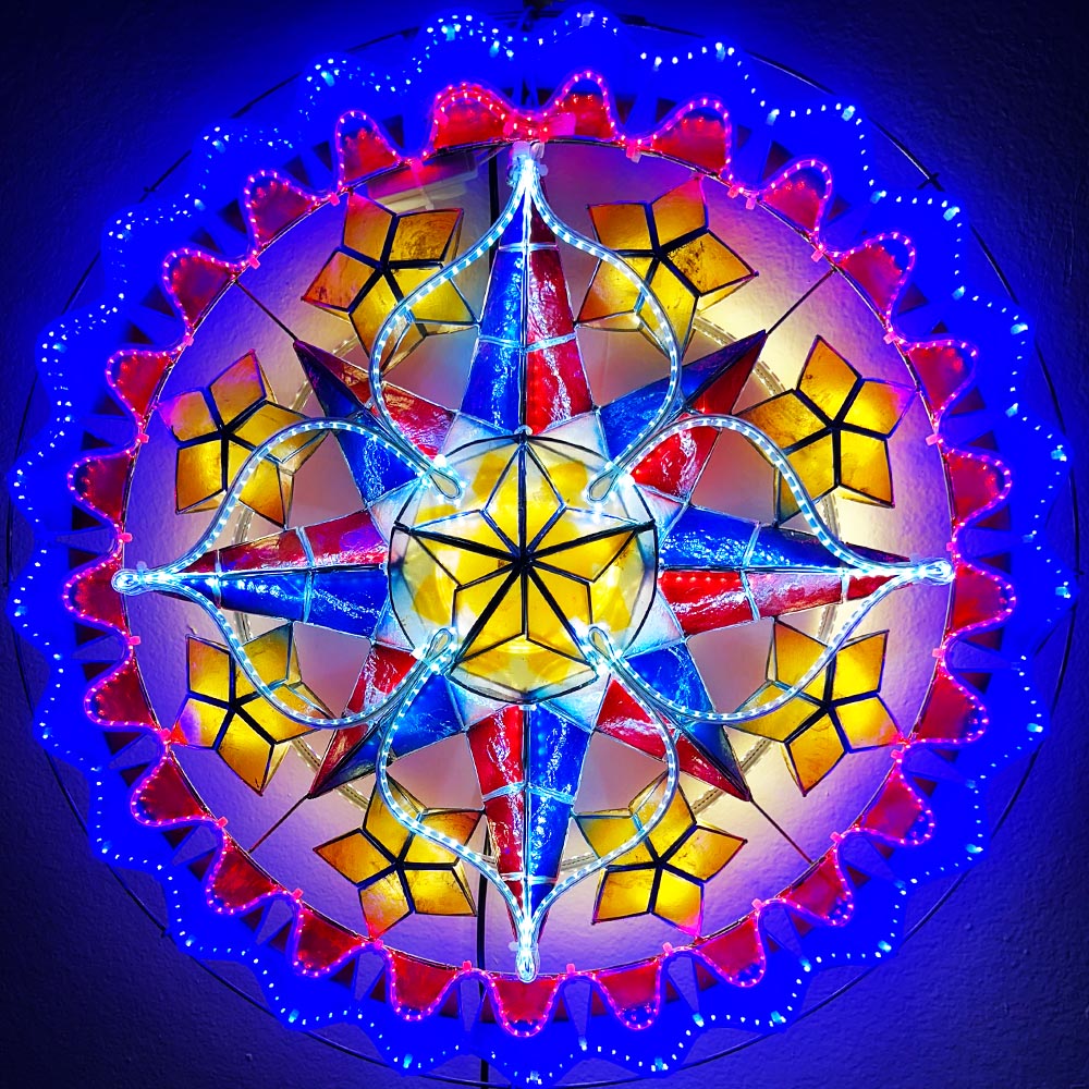Philippines Christmas Capiz Parol Lantern Star PH Color Design B (Tala) - Yellow / Red / White / Blue LED Show - Size 24" / 2 KG / 110 V (PHB)