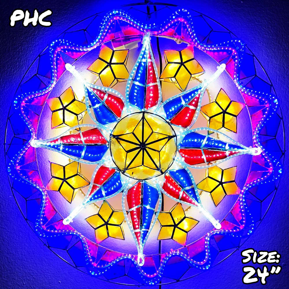 Philippines Christmas Capiz Parol Lantern Star PH Color Design C (Tala) - Yellow / Red / White / Blue LED Show - Size 24" / 2 KG / 110 V (PHC)