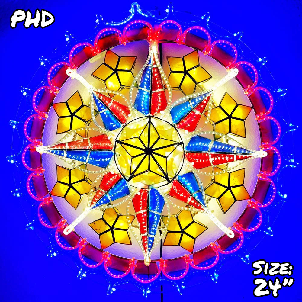 Philippines Christmas Capiz Parol Lantern Star PH Color Design D (Tala) - Yellow / Red / White / Blue LED Show - Size 24" / 2 KG / 110 V (PHD)