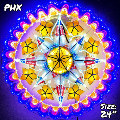 Philippines Christmas Capiz Parol Lantern Star PH Color Design N (Tala) - Yellow / Red / White / Blue LED Show - Size 24