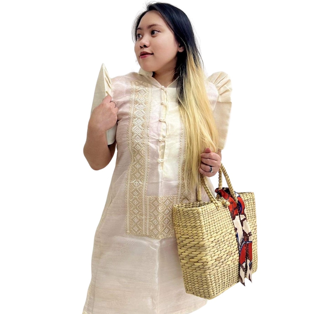 Baro't Saya Filipiniana Tagalog Special Double Lining with Piping Brown Bayong Design