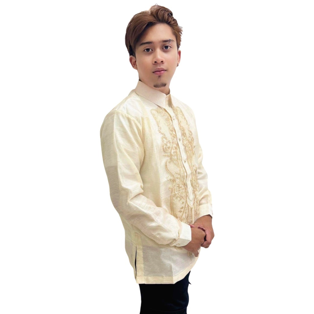 Barong Tagalog Special Double Lining with Piping Brown Fish Scale Wave Design