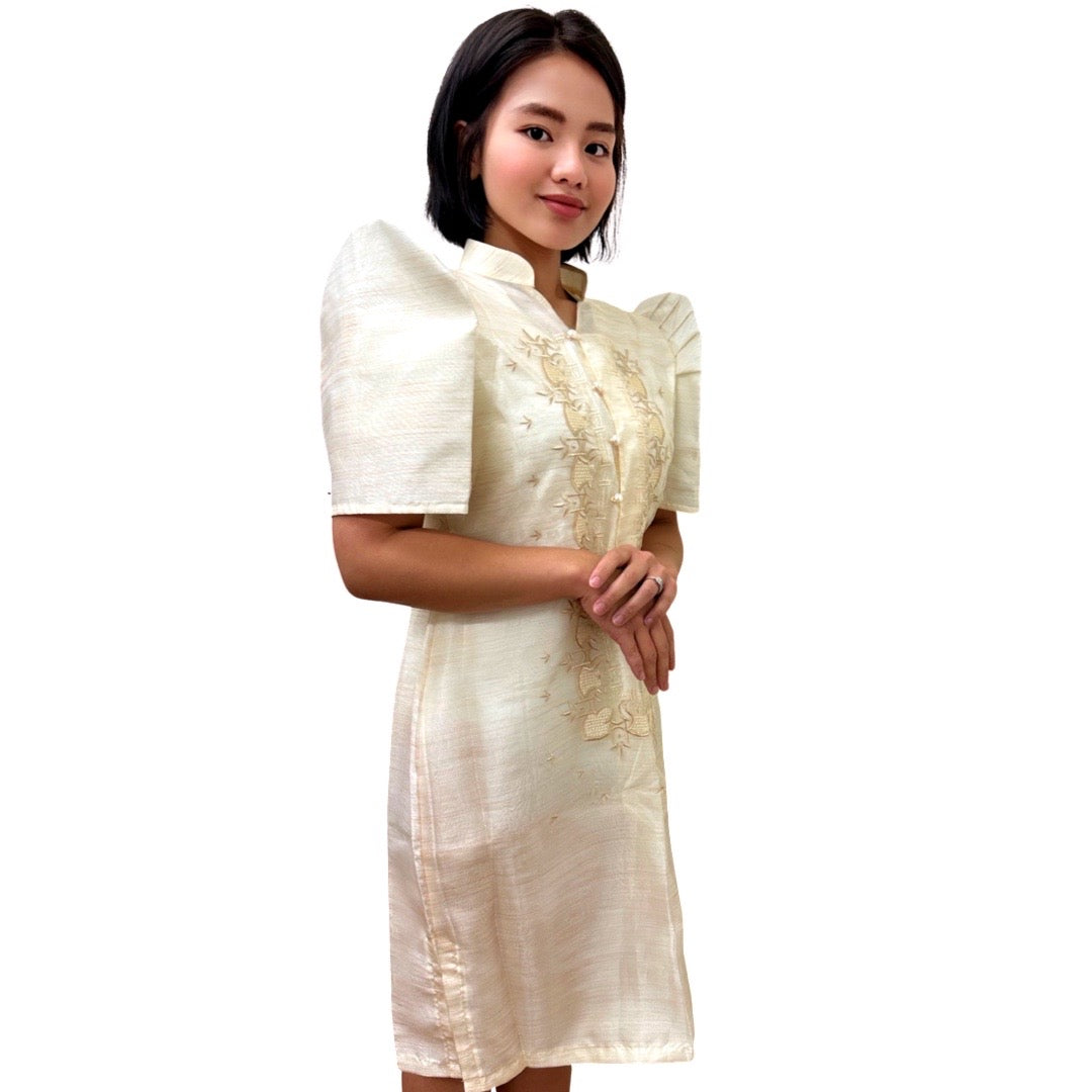 Baro't Saya Filipiniana Tagalog Special Double Lining with Piping Brown Lagundi Leaves Design
