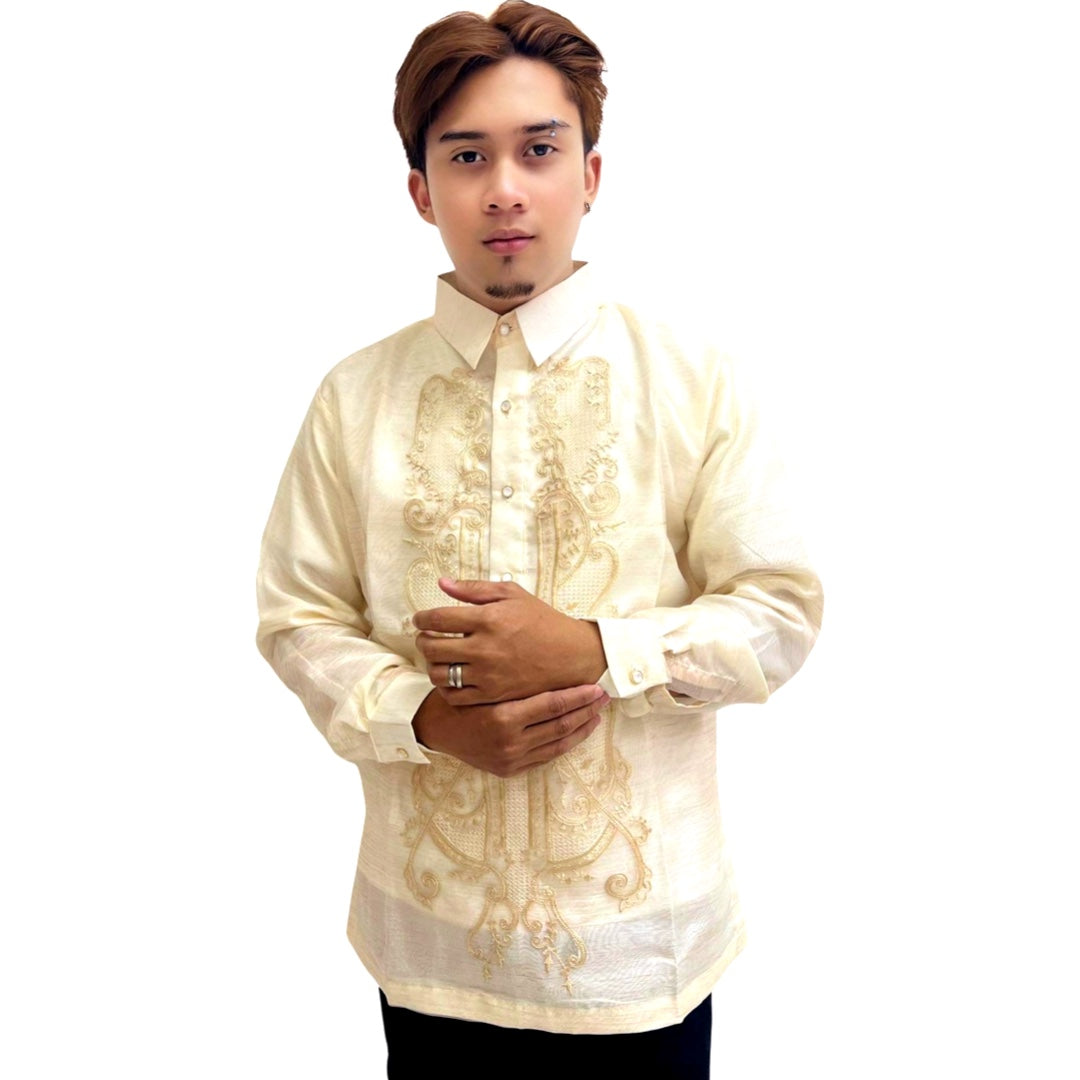 Barong Tagalog Special Double Lining with Piping Brown Fish Scale Wave Design