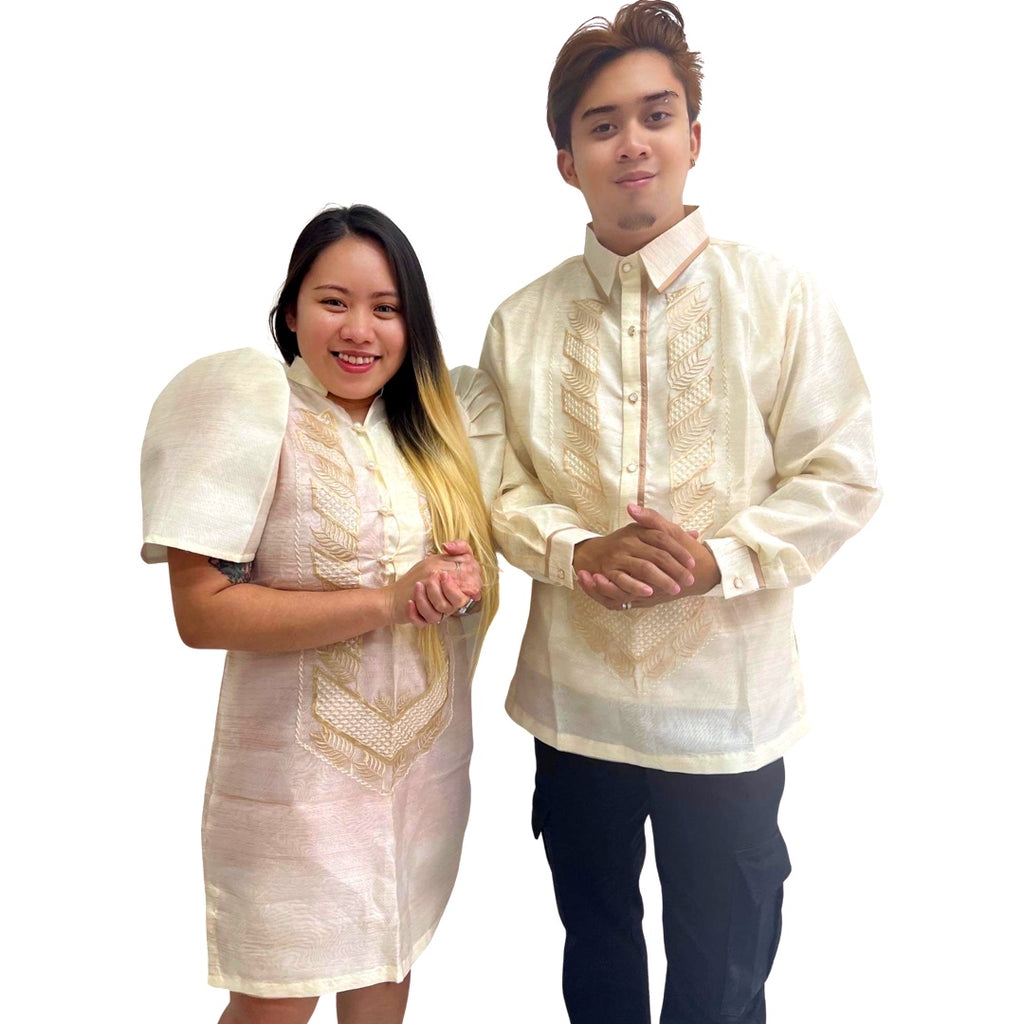 Baro't Saya Filipiniana Tagalog Special Double Lining with Piping Brown Leaves Design