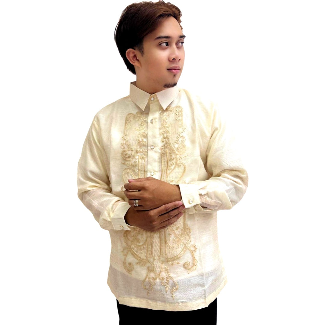 Barong Tagalog Special Double Lining with Piping Brown Fish Scale Wave Design