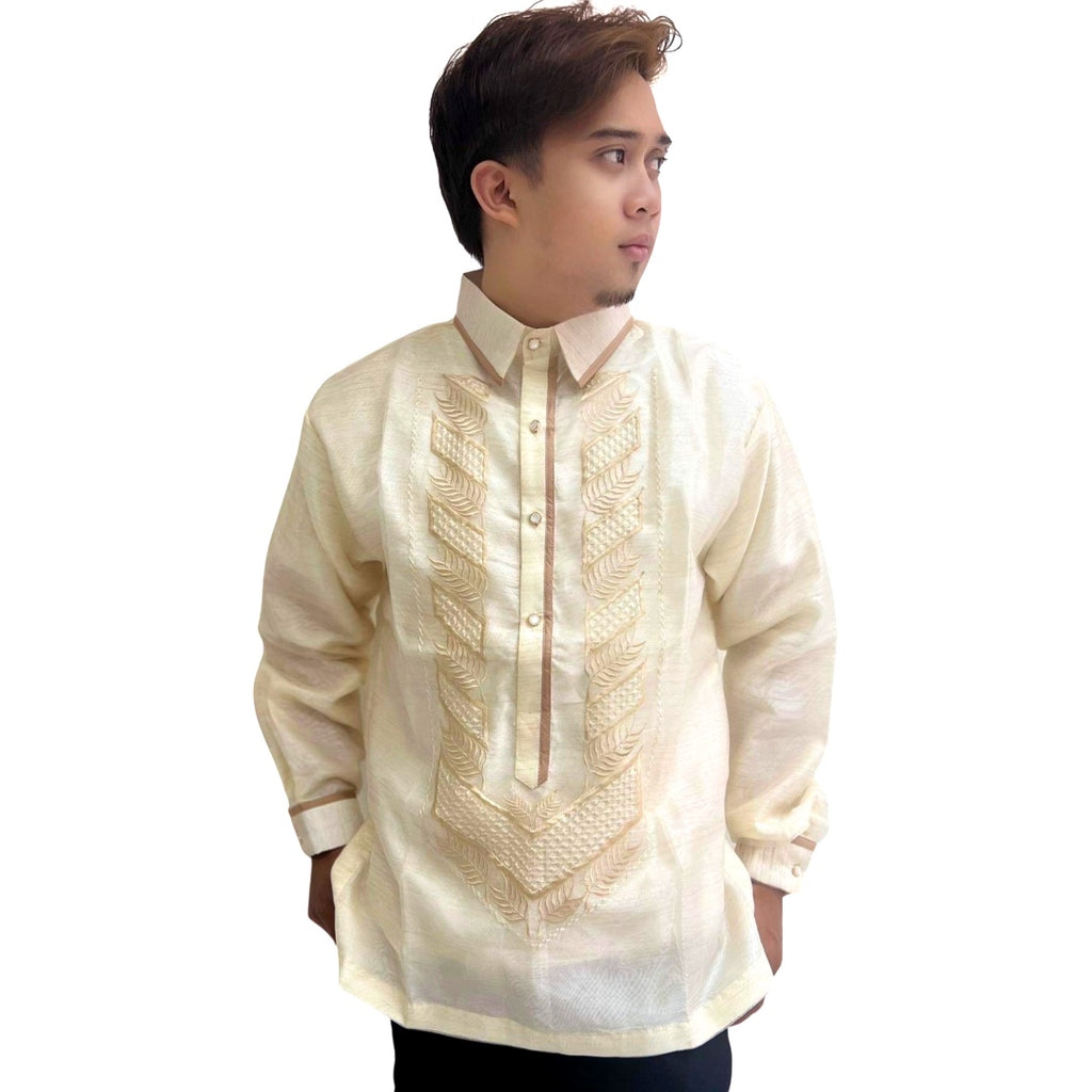 Barong Tagalog Special Double Lining with Piping Brown Leaves Design