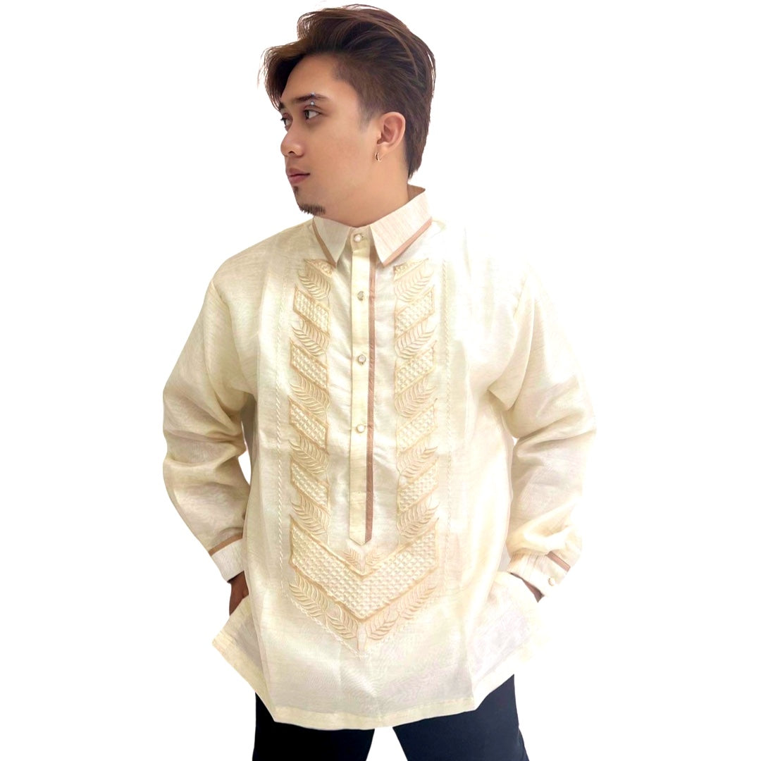 Barong Tagalog Special Double Lining with Piping Brown Leaves Design