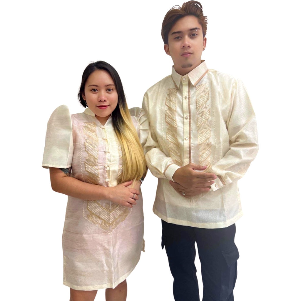 Baro't Saya Filipiniana Tagalog Special Double Lining with Piping Brown Leaves Design