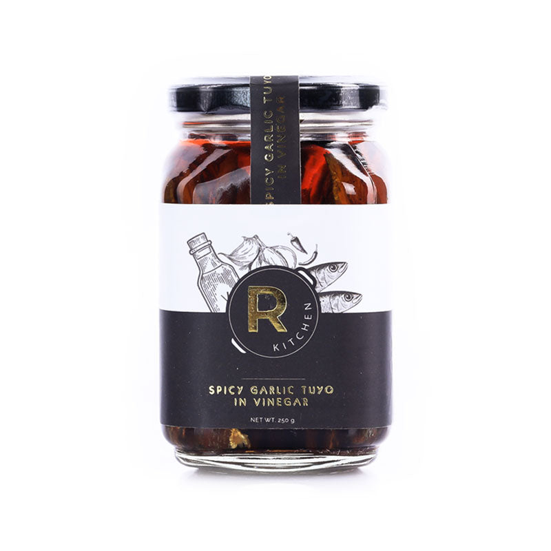 R Kitchen - Spicy Garlic Tuyo in Vinegar - Gourmet Pasteurized Bottled Deboned Dried Herring - 250 G