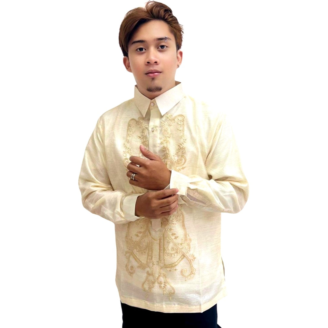 Barong Tagalog Special Double Lining with Piping Brown Fish Scale Wave Design