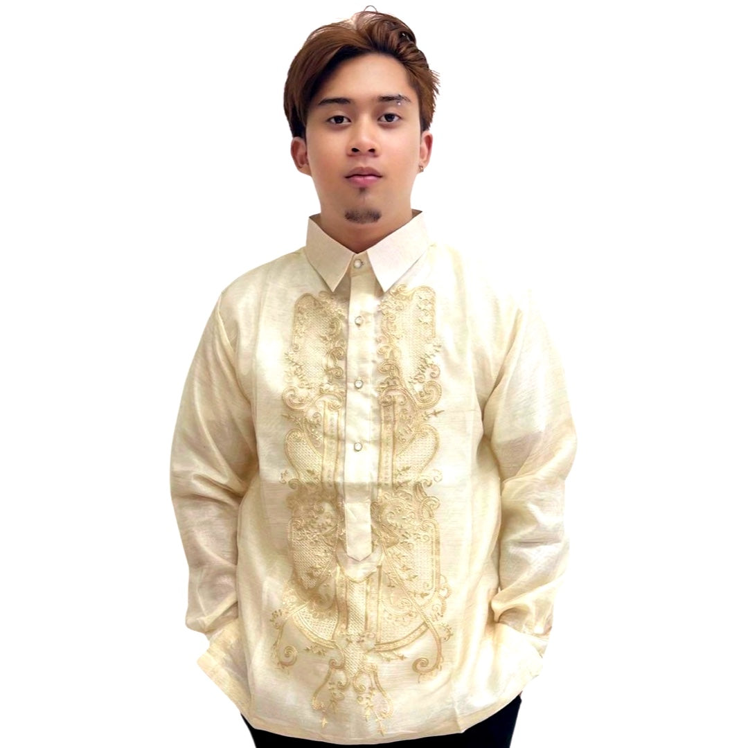 Barong Tagalog Special Double Lining with Piping Brown Fish Scale Wave Design