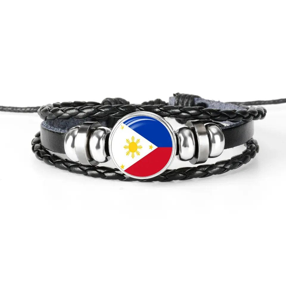 Philippine Flag Snap Button Elastic Jewelry Unisex Mens Black Leather Bracelet - 380 G