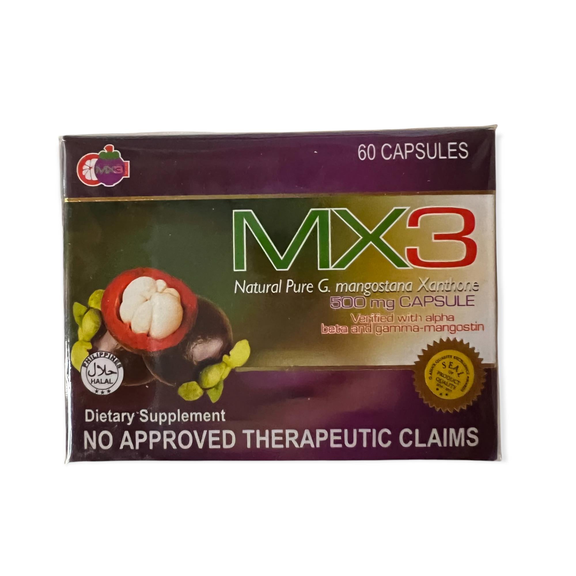 MX3 Plus - Mangosteen 500mg Capsule with L- Carnitine - 60 Capsules
