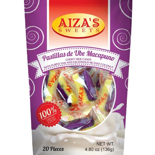 Aiza's Sweets - Pastillas de Ube Macapuno - Chewy Milk Candy with Purple Yam and Gelatinous Mutant Coconut - 20 Pieces - 136 G