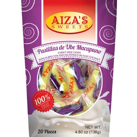 Aiza's Sweets - Pastillas de Ube Macapuno - Chewy Milk Candy with Purple Yam and Gelatinous Mutant Coconut - 20 Pieces - 136 G