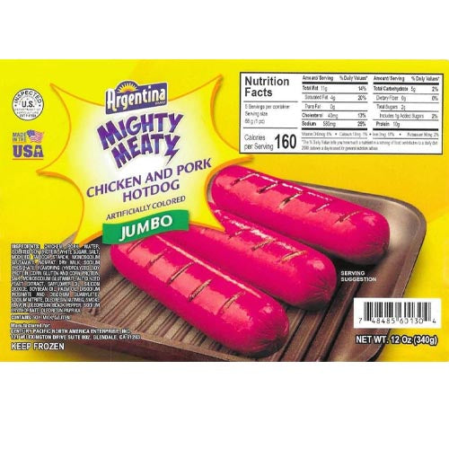 Argentina Brand - Mighty Meaty Chicken and Pork HotDog - JUMBO - 12 OZ