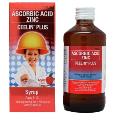 Ceelin Plus - Ascorbic Acid Zinc - Vitamin For Ages 1 - 13 Year Old - 120 ML - APPLE FLAVOR (RED)