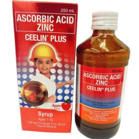 Ceelin Plus - Ascorbic Acid Zinc - Vitamin For Ages 1 - 13 Year Old - 250  ML BIG - APPLE FLAVOR (RED)