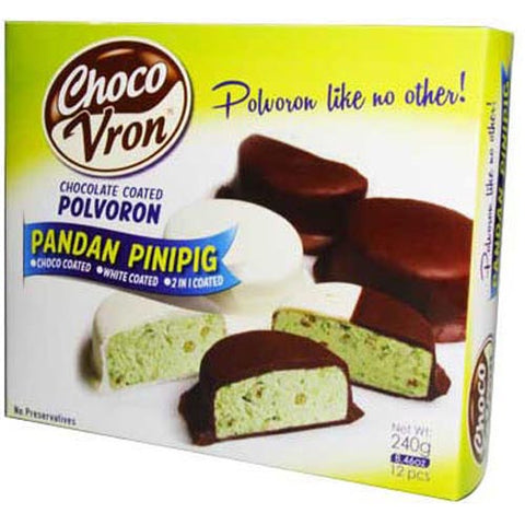ChocoVron - Chocolate Coated Polvoron - Pandan with Crisped Rice (Pinipig) - Choco, White, 2 in 1 Coated - 12 Pieces - 240 G