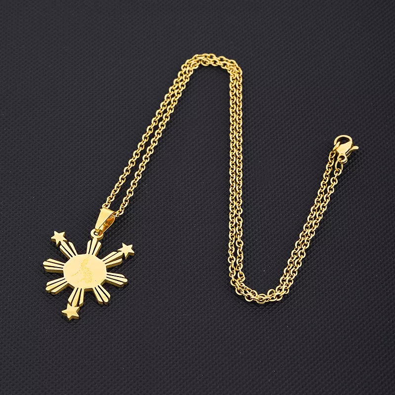 Philippine Sun Star / Map Pendant Necklace Jewelry - Stainless Steel / Gold Plated - 6 G