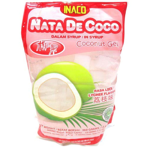 Inaco - Nata De Coco in Syrup - Coconut Gel - Lychee Flavor Mix - 12.7 OZ