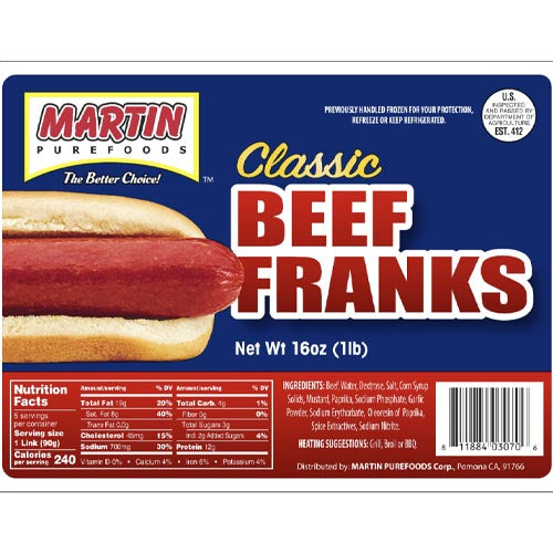 Martin Purefoods - Classic Beef Franks - 16 OZ